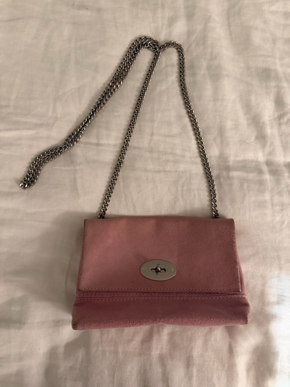 Vera Pelle Made in Italy Pink Leather Suede Crossbody Bag with Chain Strap